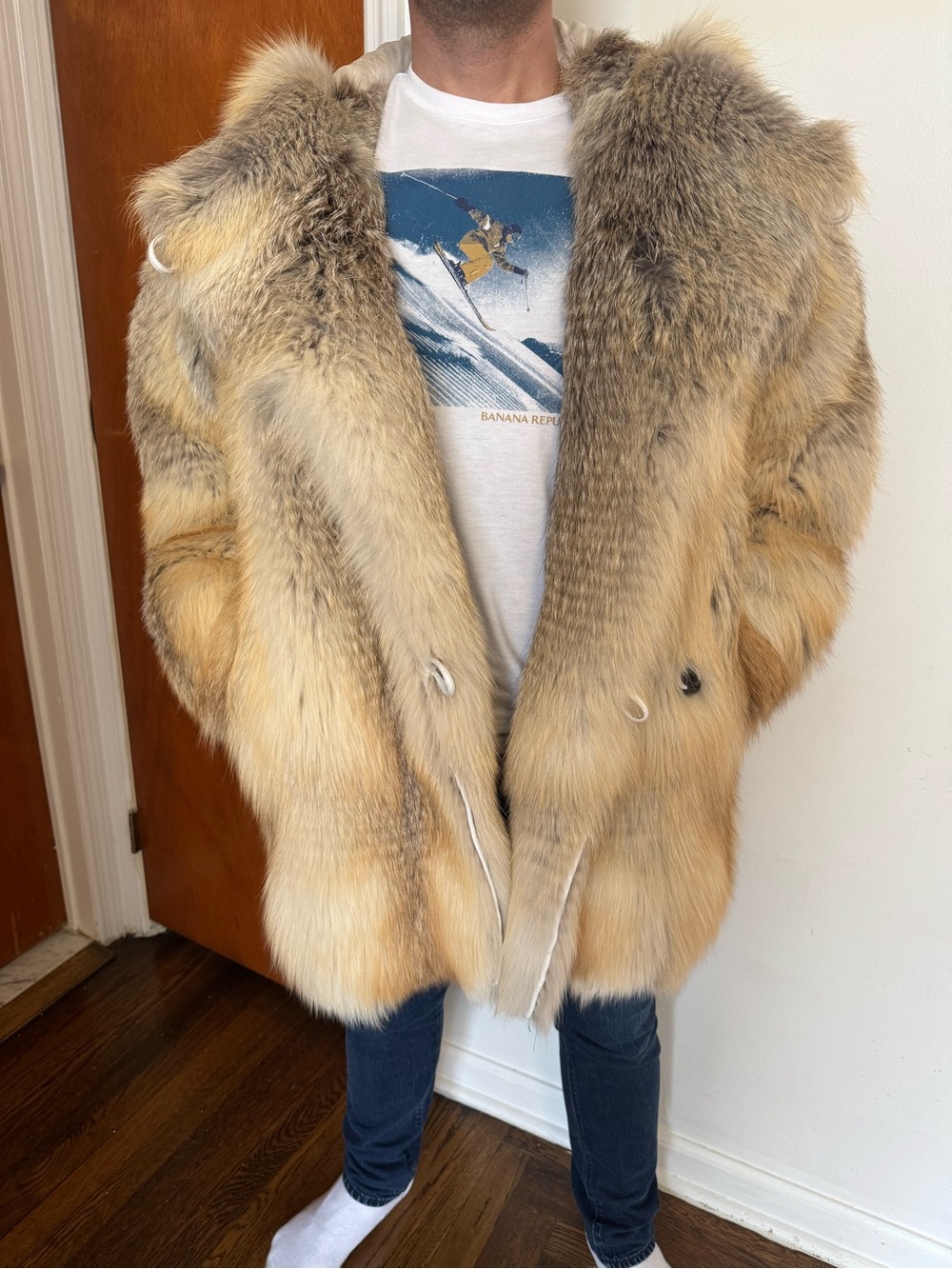 Golden island gold fox Luxurious Natural Fur Coat -Honey Blonde Tones Men  hood - Picture 4 of 16